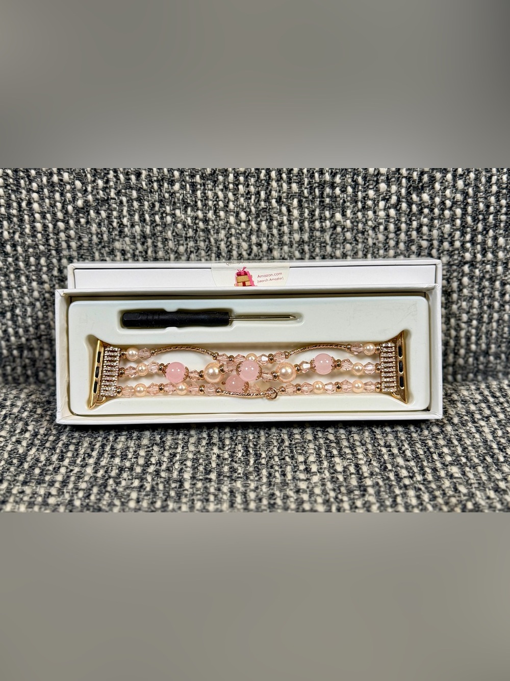 42mm Apple Watch Gold Bling Pink Pearl Crystal Stretch Beaded Bracelet Strap